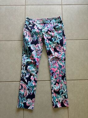 Lilly Pulitzer Floral Straight Leg Pants with Navy, Pink & Teal Design